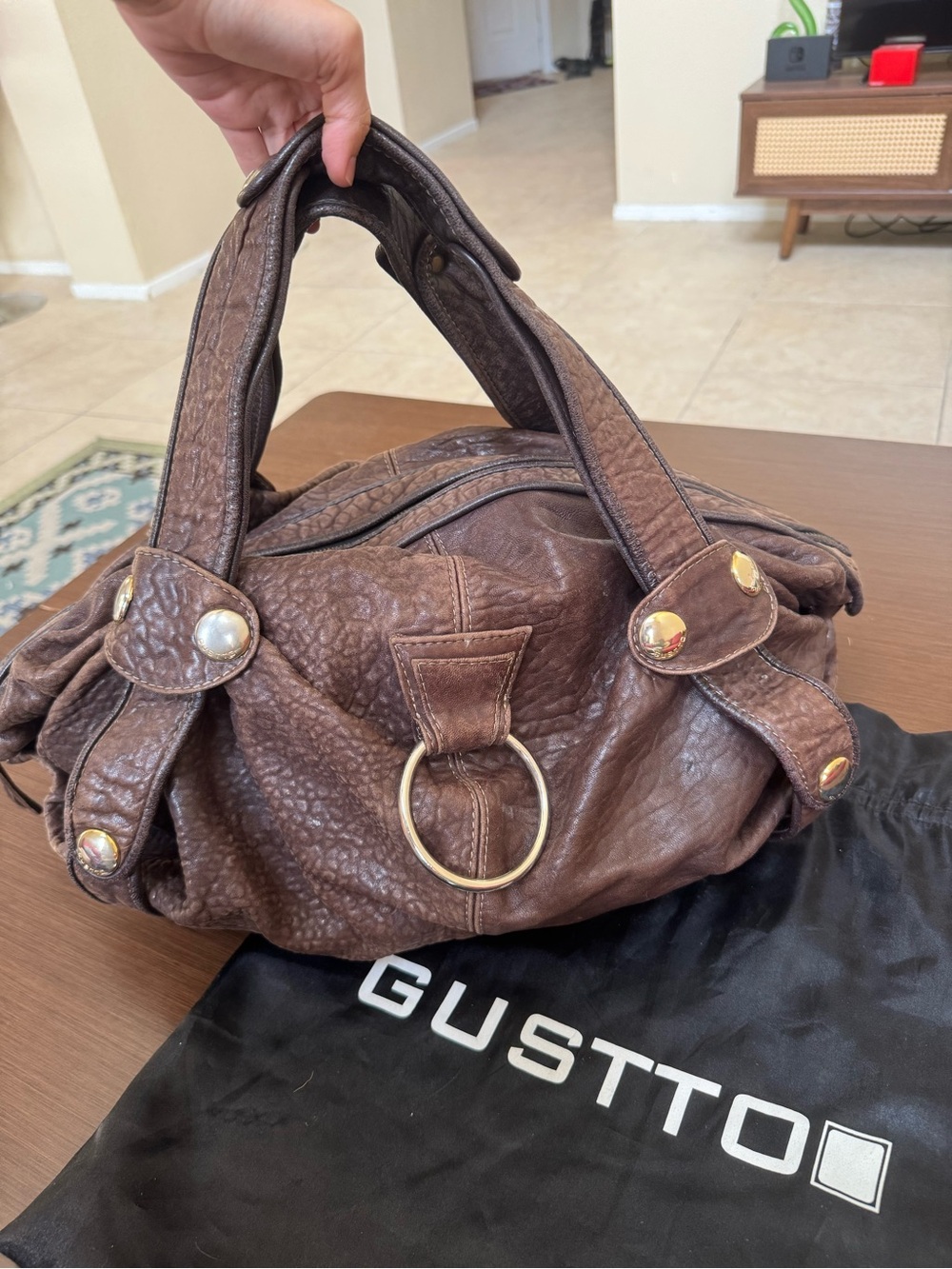 Gustto Baca Brown Pebbled Leather Shoulder Bag with Ring Accent